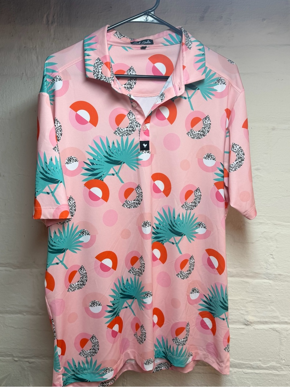 Bad Birdie Pink Teal Tropical Palm Print Golf Polo